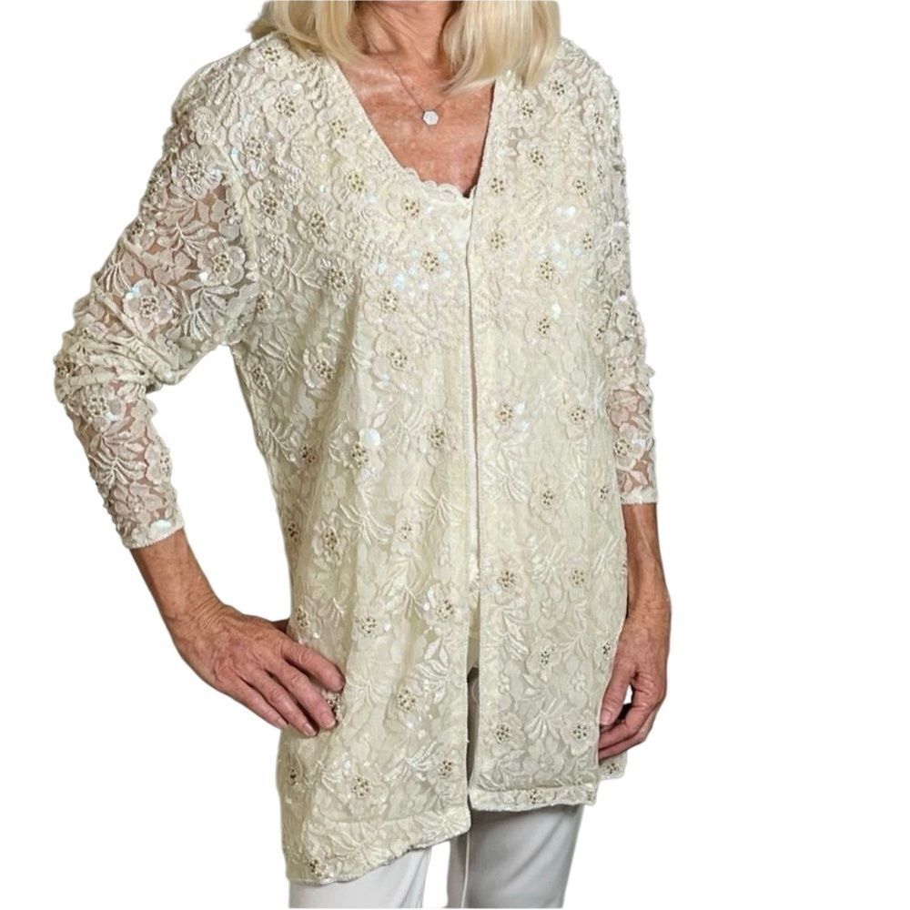 Vtg 90s Ivory Lace Iridescent Sequin Floral Sheer Beaded Fairy Ethereal Jacket L